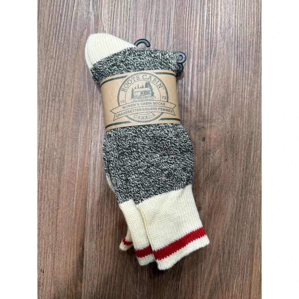 Roots Cabin Womens Socks Grey White Marl Red Stripe Wool Blend Crew 3474